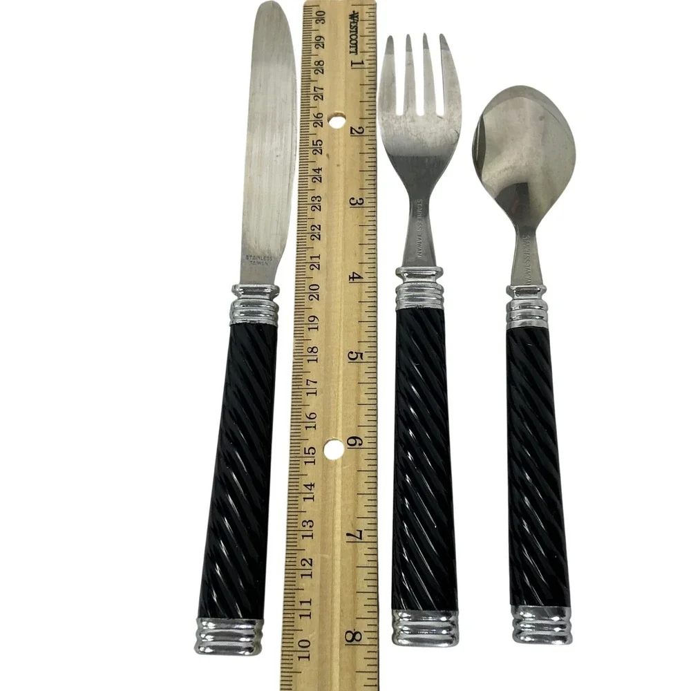 Vtg Stainless Taiwan Black Spiral Handle Flatware Set 30 Knives Forks Spoon MCMs